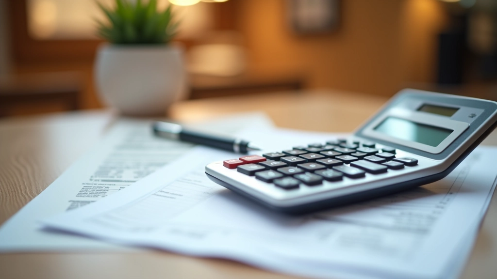 Calculator and printed bank statements spread on wooden desk with pen nearby