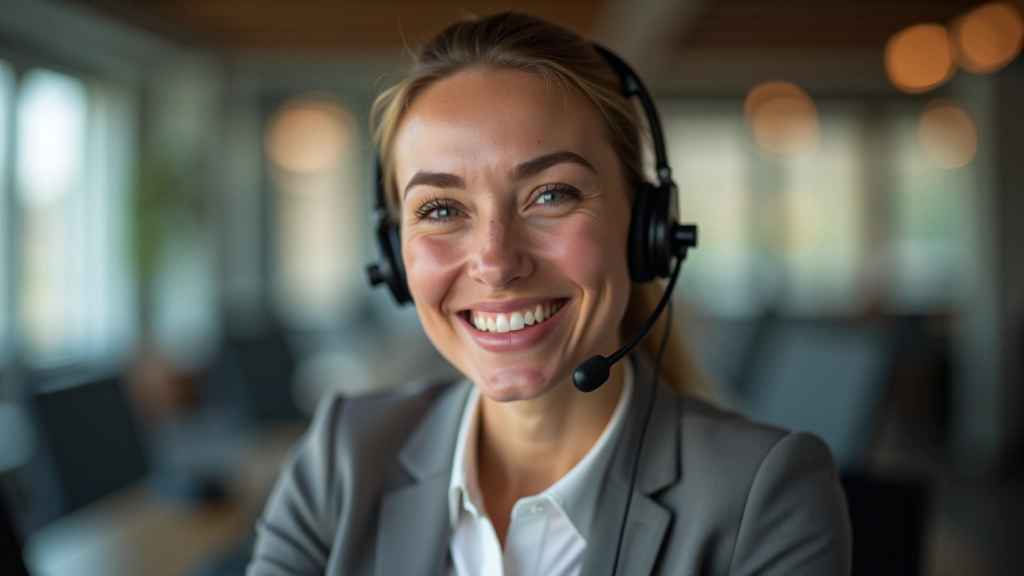 Customer service representative at desk wearing headset, smiling while looking at computer screen in modern office setting
