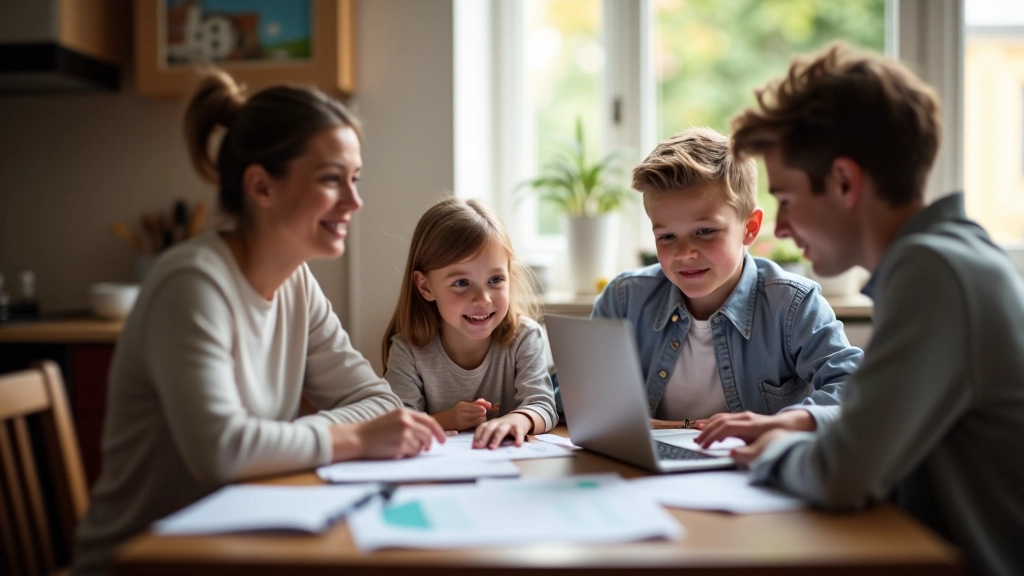 Family of four sitting at dining table with notebook and calculator, planning household budget together