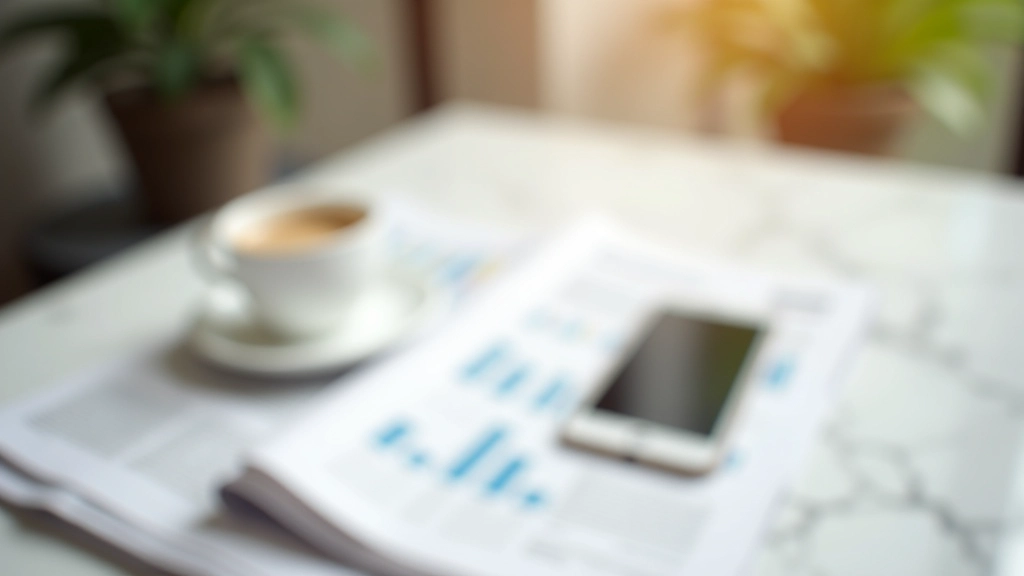 Financial newspaper and smartphone showing banking news articles with morning coffee on table