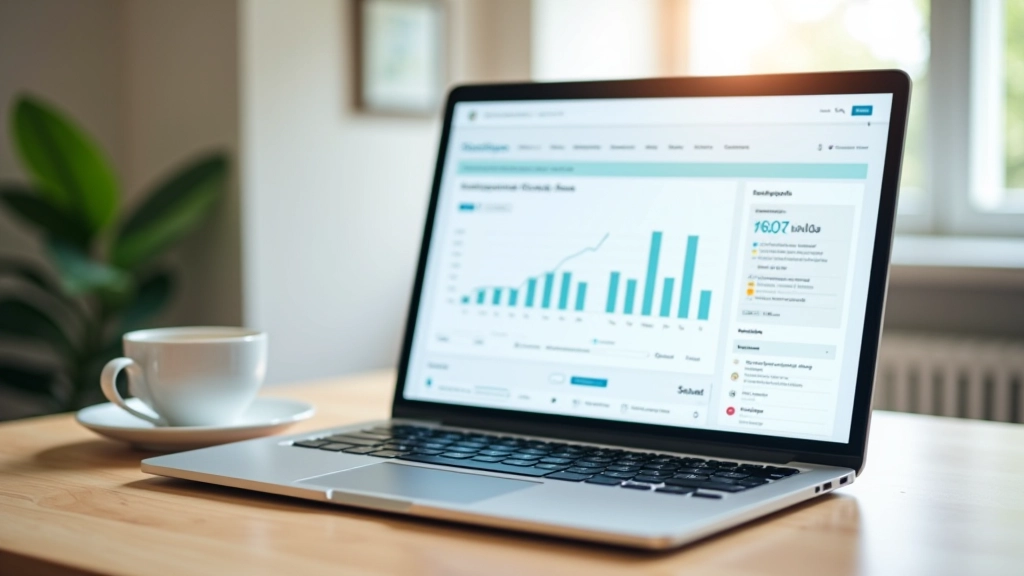 Laptop displaying banking dashboard with financial data and transaction history on modern desk