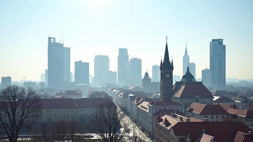 Modern Prague banking district with contemporary financial buildings