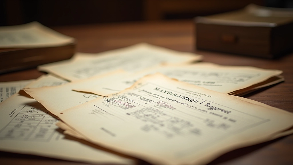 Historical Czech banking documents and currency from post-1989 era arranged on wooden desk